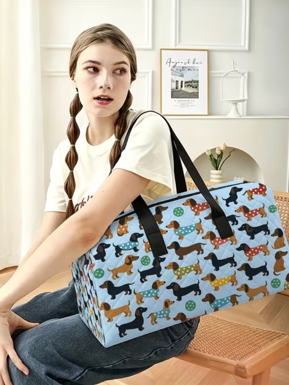 Large Dachshund Print Duffel Bag Travel Overnight Weekender Bag
